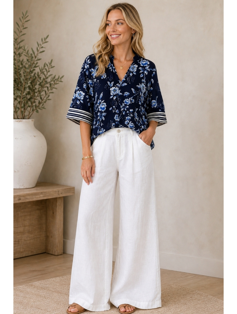 Johnny Was Linen Blend Blue Floral Boho Coastal Blouse Size S Wide Sleeve Top